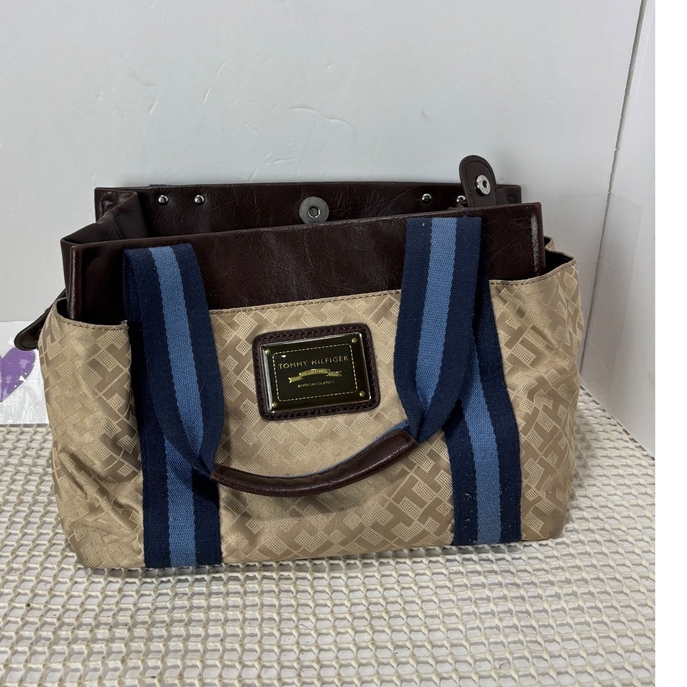 Tommy Hilfiger jacquard tote Bag‎ handbag purse Womens Brown Blue